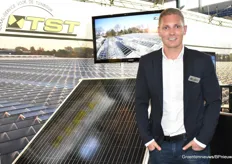 The TST Horti Solar stand (part of TST) was manned by, among others, Thom Bakker. Thom is account manager for TST and gave this fair extra attention to their solar panels that are specially designed for a greenhouse roof. Because of the shape you can put them in the normal frame where the windows are in and you don't need a whole construction to lay your panels.                         
